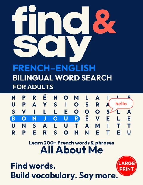 Front cover of All About Me, a Find & Say French–English bilingual word search for adults