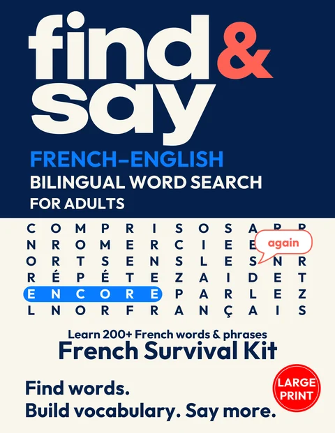 Front cover of French Survival Kit, a Find & Say French–English bilingual word search for adults