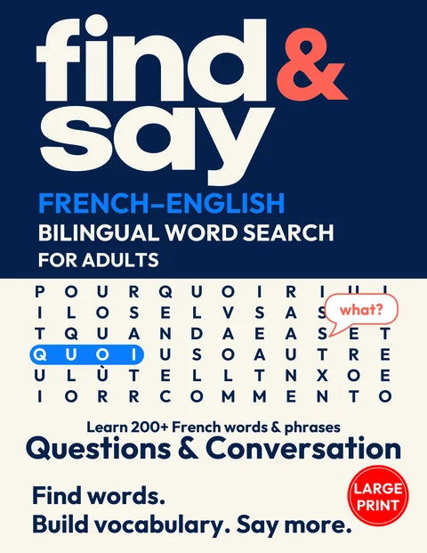 Front cover of Questions & Conversation, a Find & Say French–English bilingual word search for adults