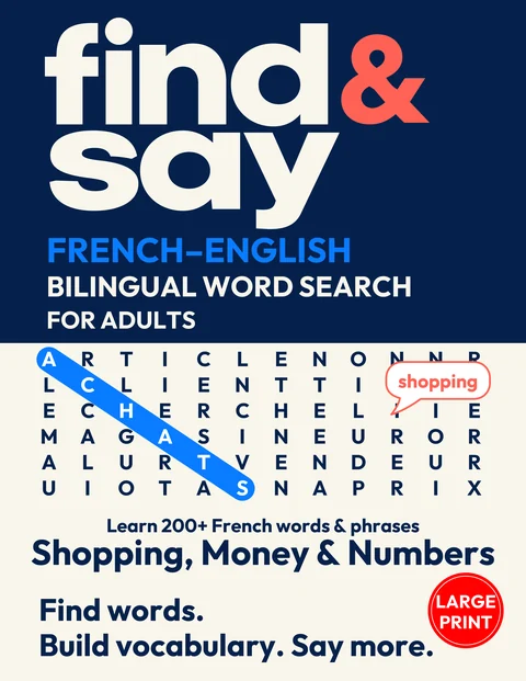 Front cover of Shopping, Money & Numbers, a Find & Say French–English bilingual word search for adults