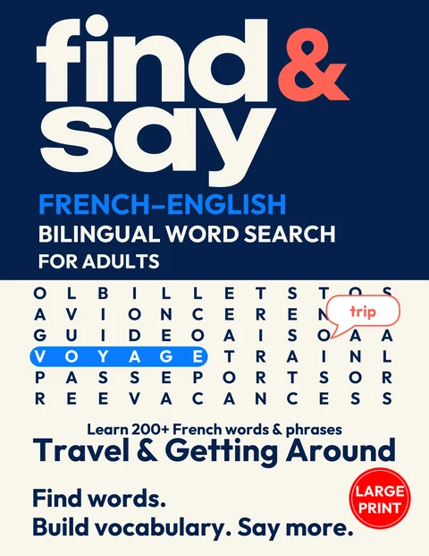 Front cover of Travel & Getting Around, a Find & Say French–English bilingual word search for adults
