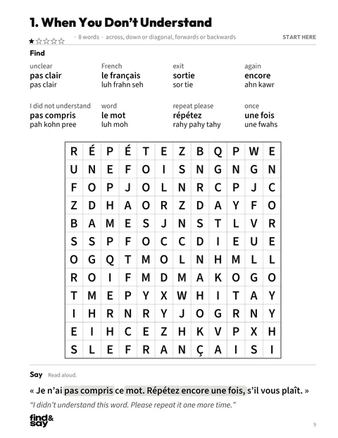 A puzzle page from French Survival Kit, with the word-search grid, word list and Say it sentence