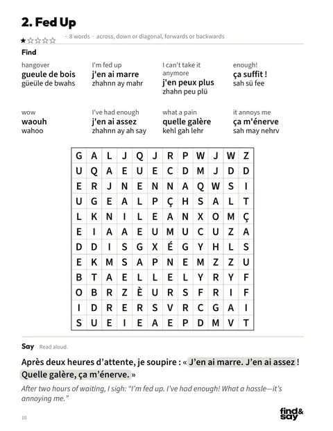 A puzzle page from French Unfiltered, with the word-search grid, word list and Say it sentence