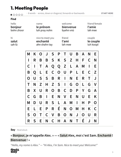 A puzzle page from Friends, Social Life & Dating, with the word-search grid, word list and Say it sentence