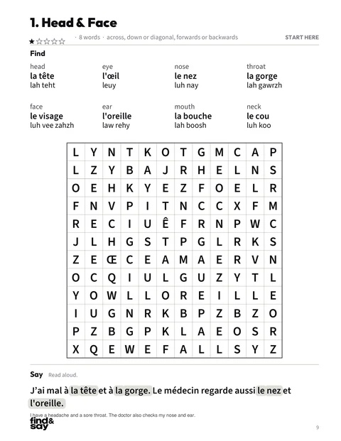 A puzzle page from Health, Body & How I Feel, with the word-search grid, word list and Say it sentence