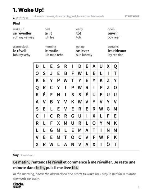 A puzzle page from My Day & Daily Life, with the word-search grid, word list and Say it sentence