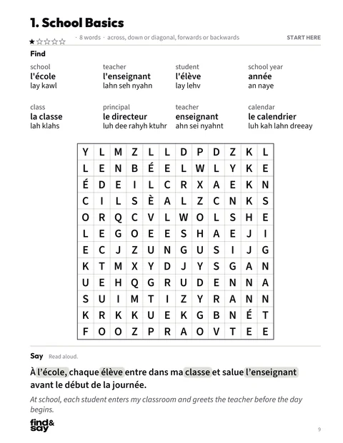 A puzzle page from Parents & School, with the word-search grid, word list and Say it sentence