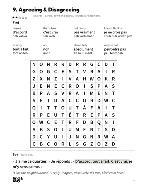 A puzzle page from Questions & Conversation, with the word-search grid, word list and Say it sentence