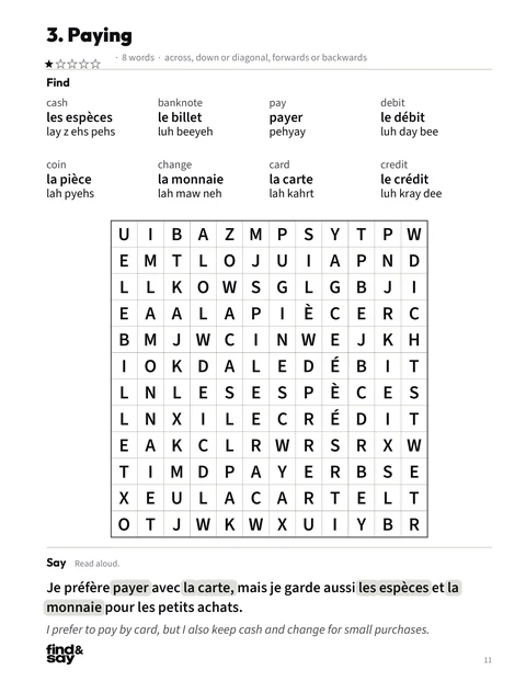 A puzzle page from Shopping, Money & Numbers, with the word-search grid, word list and Say it sentence