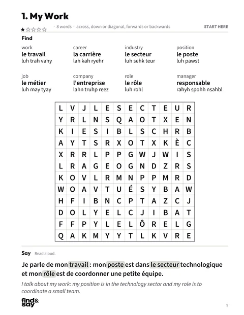 A puzzle page from Work & Professional Life, with the word-search grid, word list and Say it sentence
